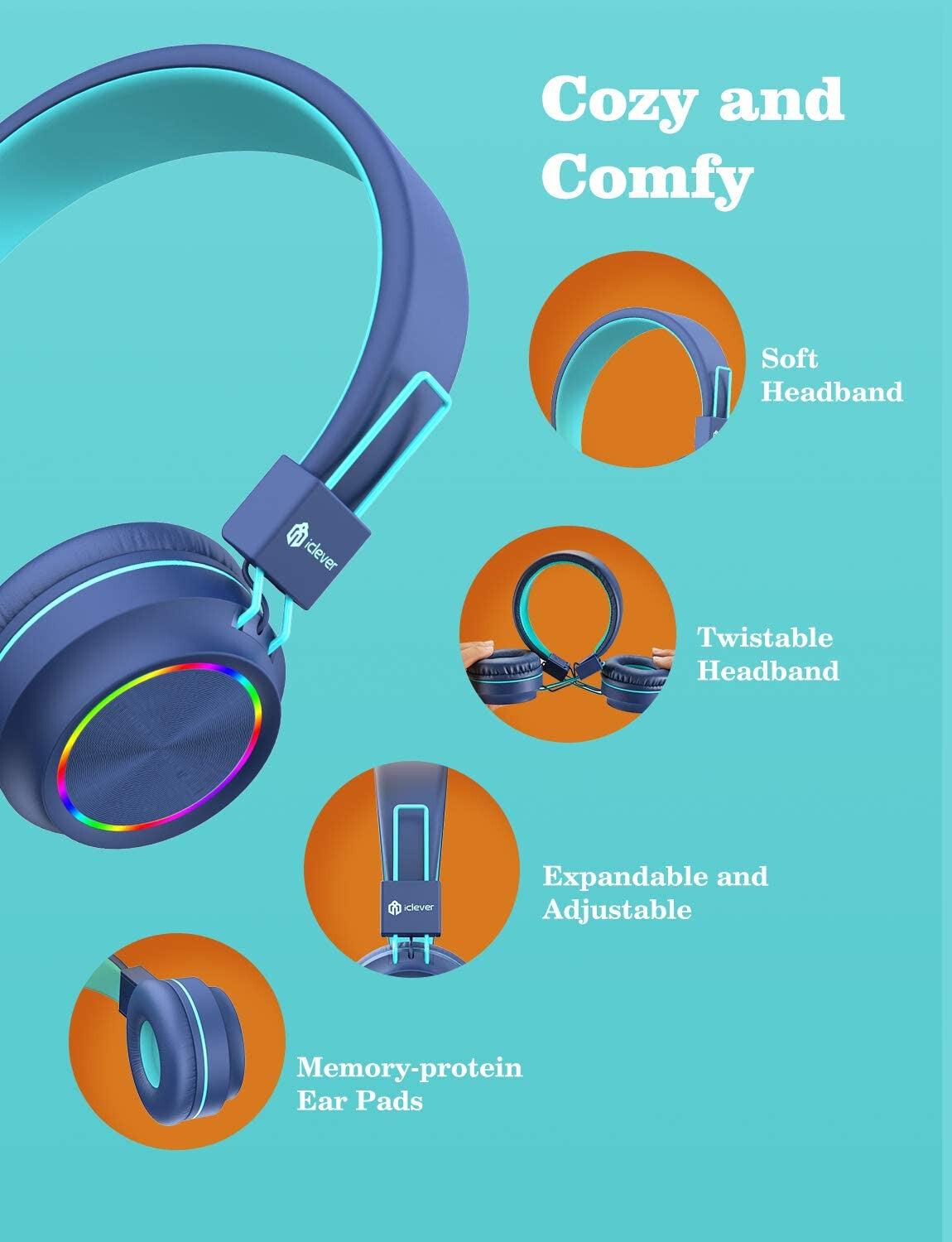 BLUE BTH03 Kids Bluetooth Headphones Safe Volume, Colorful LED Lights, 25 Hour