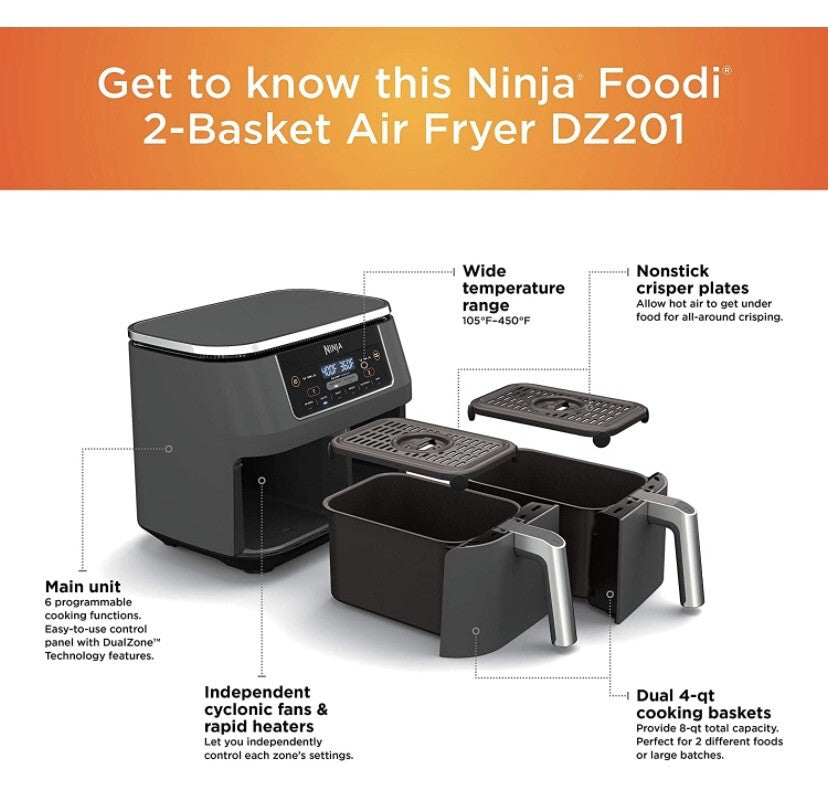 Ninja Dualzone Air Fryer Foodi 6-in-1 8 Quart, with 2 Crisper Plates, 2 Baskets