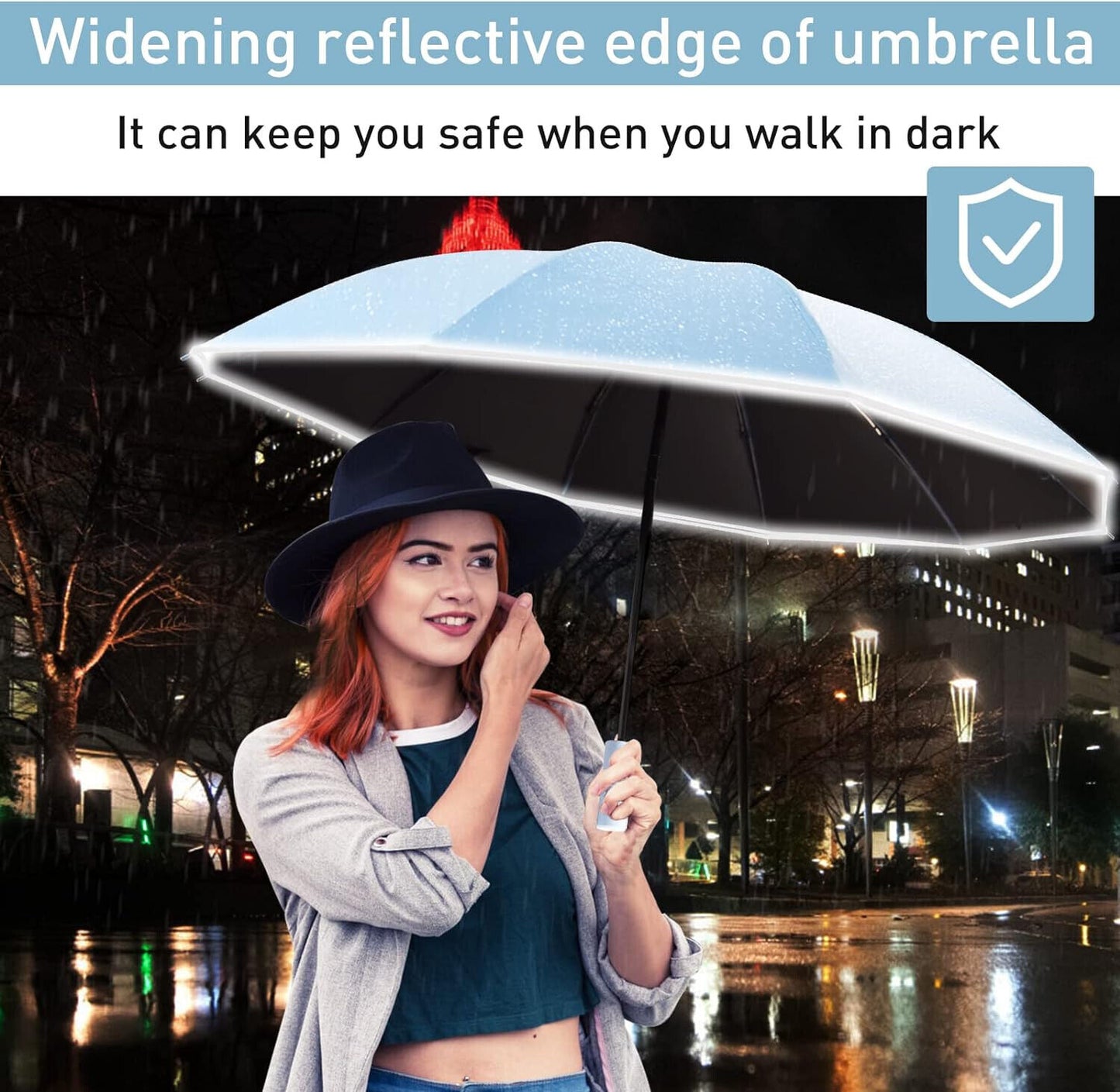 Inverted Compact Umbrella Large Windproof Umbrellas Reflective Stripe SKY BLUE