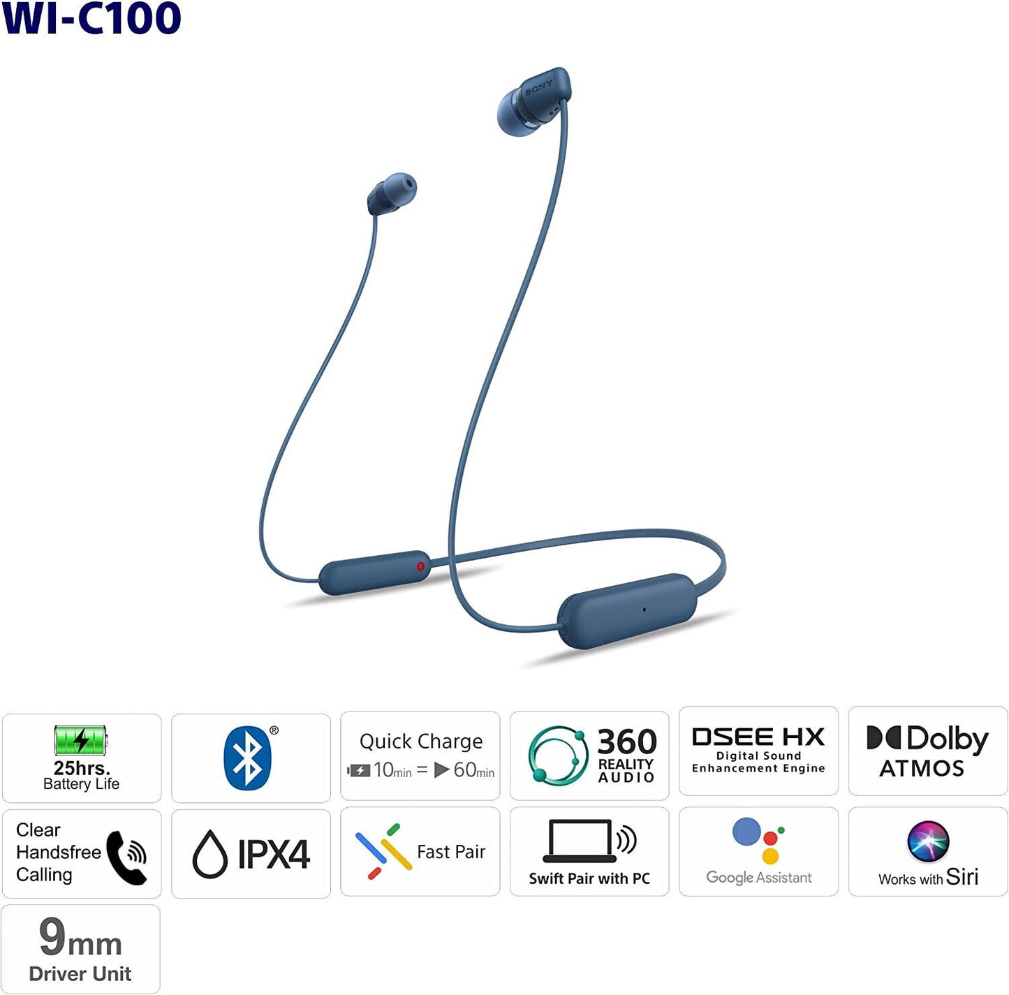 NEW BLUE Sony WC100 Wireless in-Ear Bluetooth Headphones with Built-in Mic -
