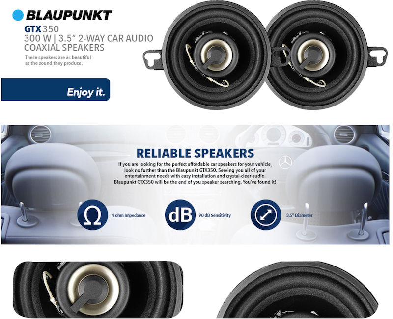 Blaupunkt GTX350 3.5" 2-WAY 200W MAX Power Car Audio Coaxial  Speakers (2 PACK)