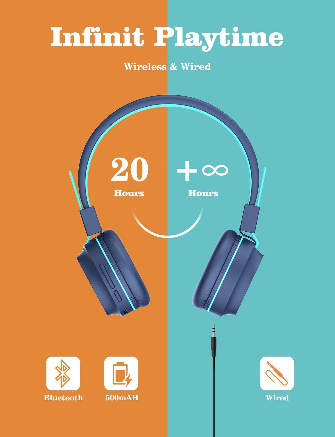 BLUE BTH03 Kids Bluetooth Headphones Safe Volume, Colorful LED Lights, 25 Hour