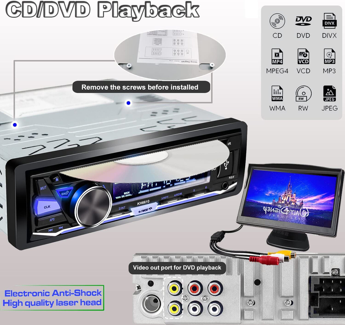 Single Din Car Stereo CDDVD Player Bluetooth FM/AM/RDS Radio USB SD AUX Receiver