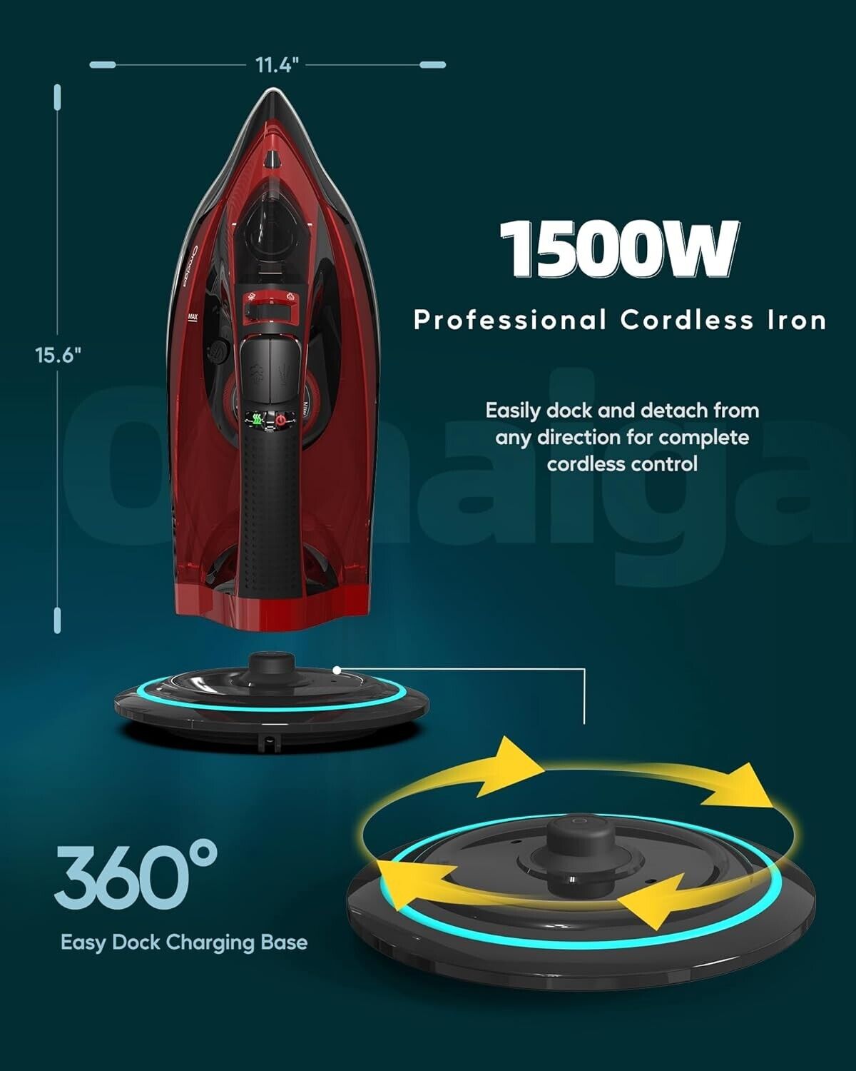 Cordless Iron with Steam with 11.84ozs Water Tank, Anti Drip Iron Cordless