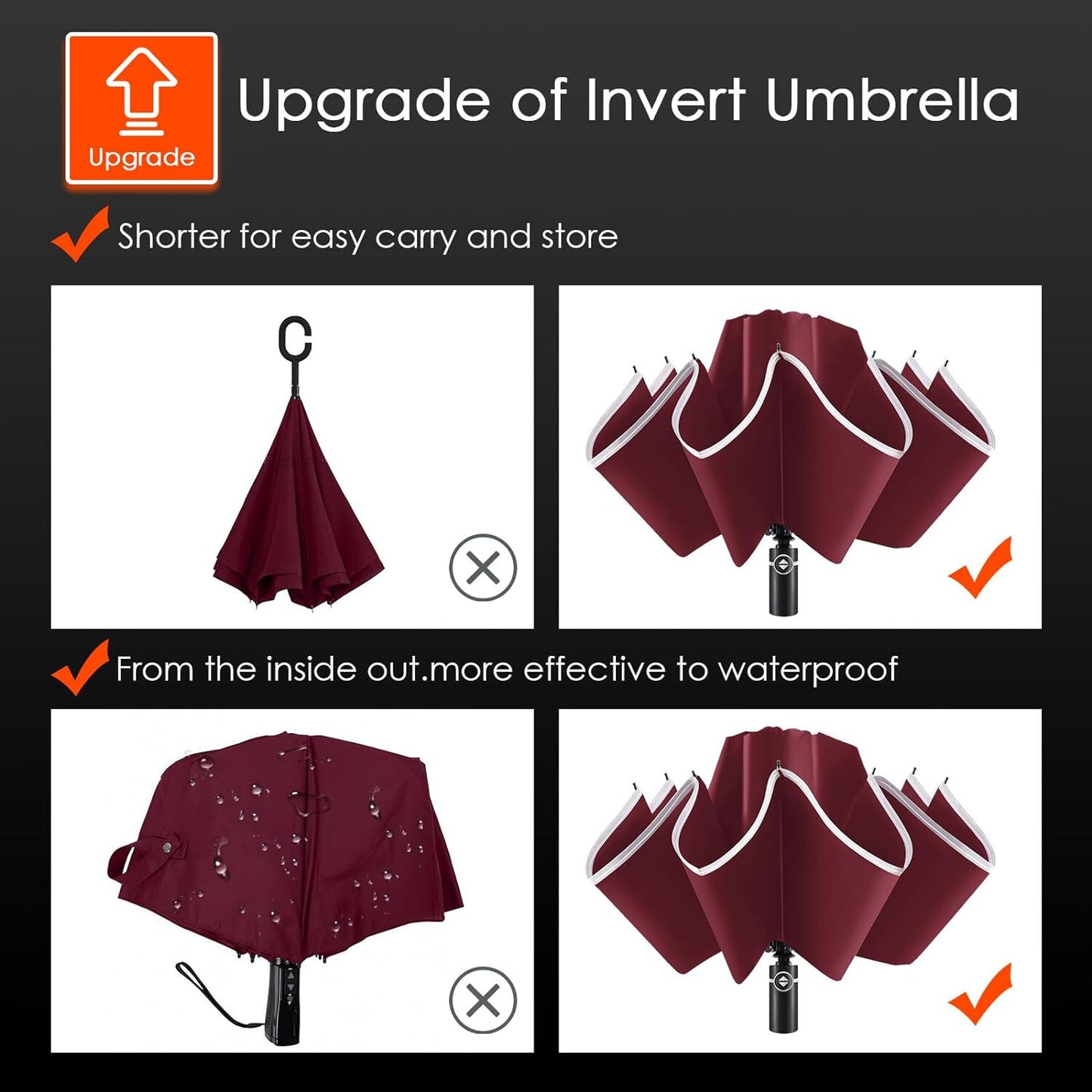 Inverted Compact Umbrella Large Windproof Umbrellas Reflective Stripe RED