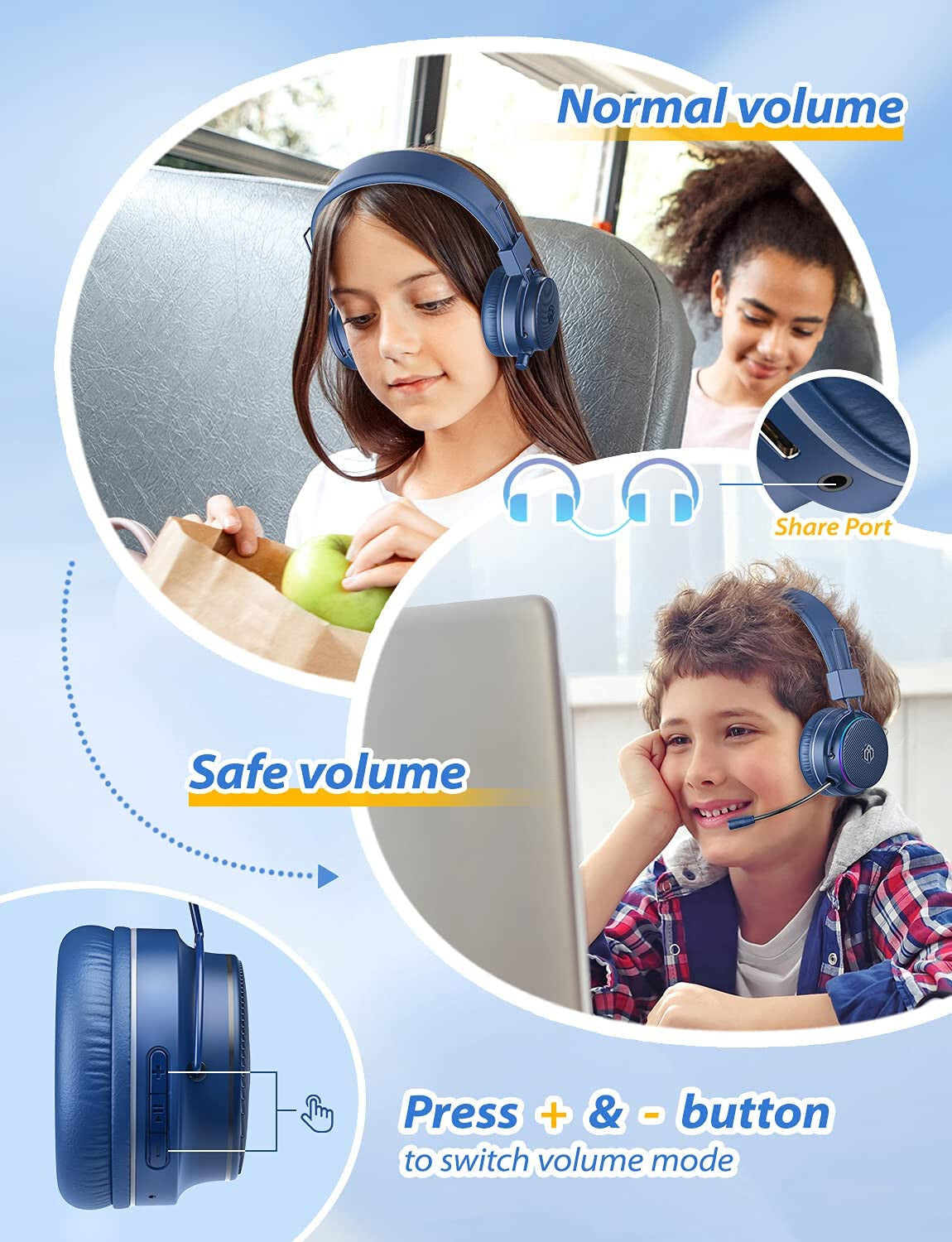 NAVY BLUE BTH03 Kids Bluetooth Headphones Safe Volume, Colorful LED LIGHTS