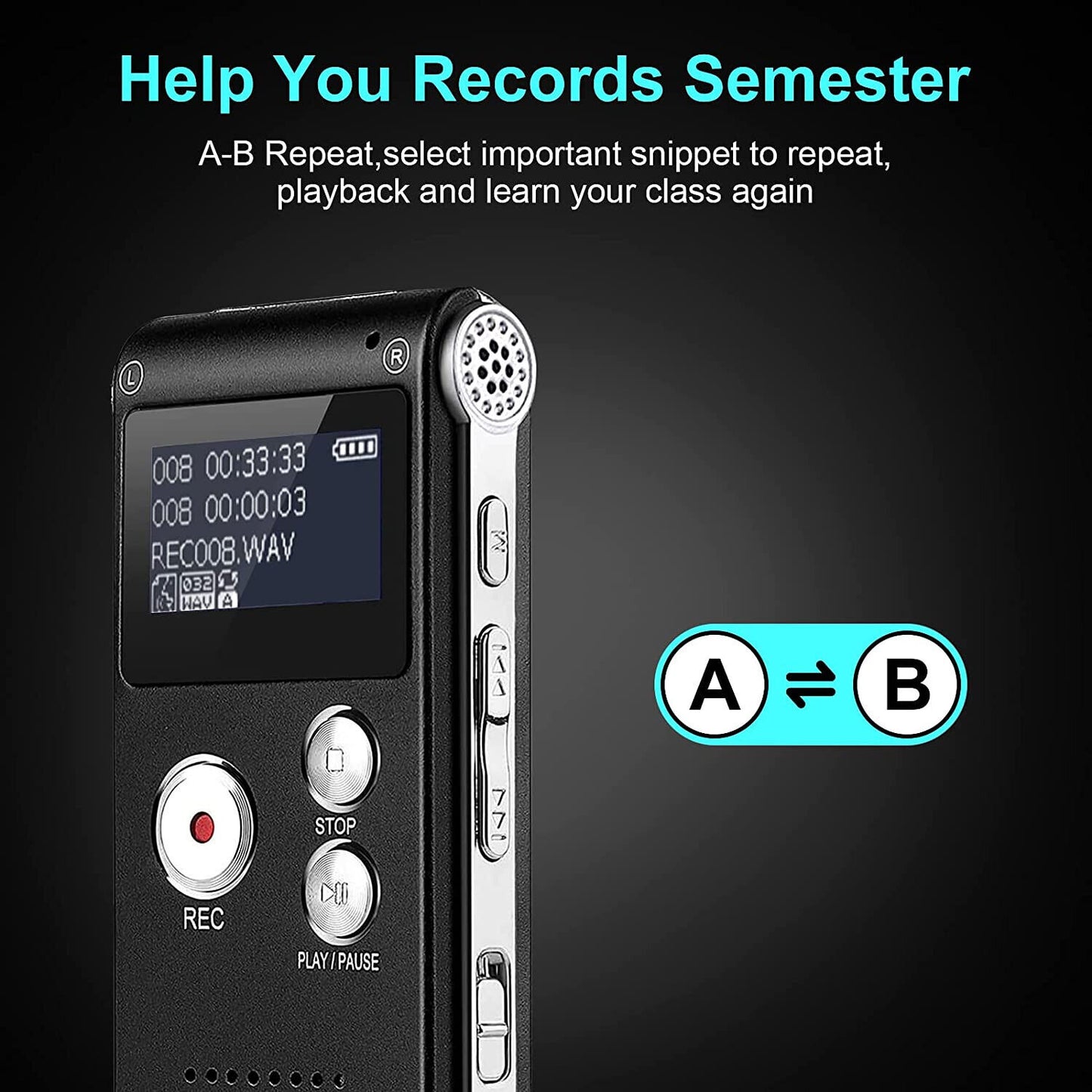 16GB Digital Voice Activated Recorder - Voice Recorder with Playback - Portable