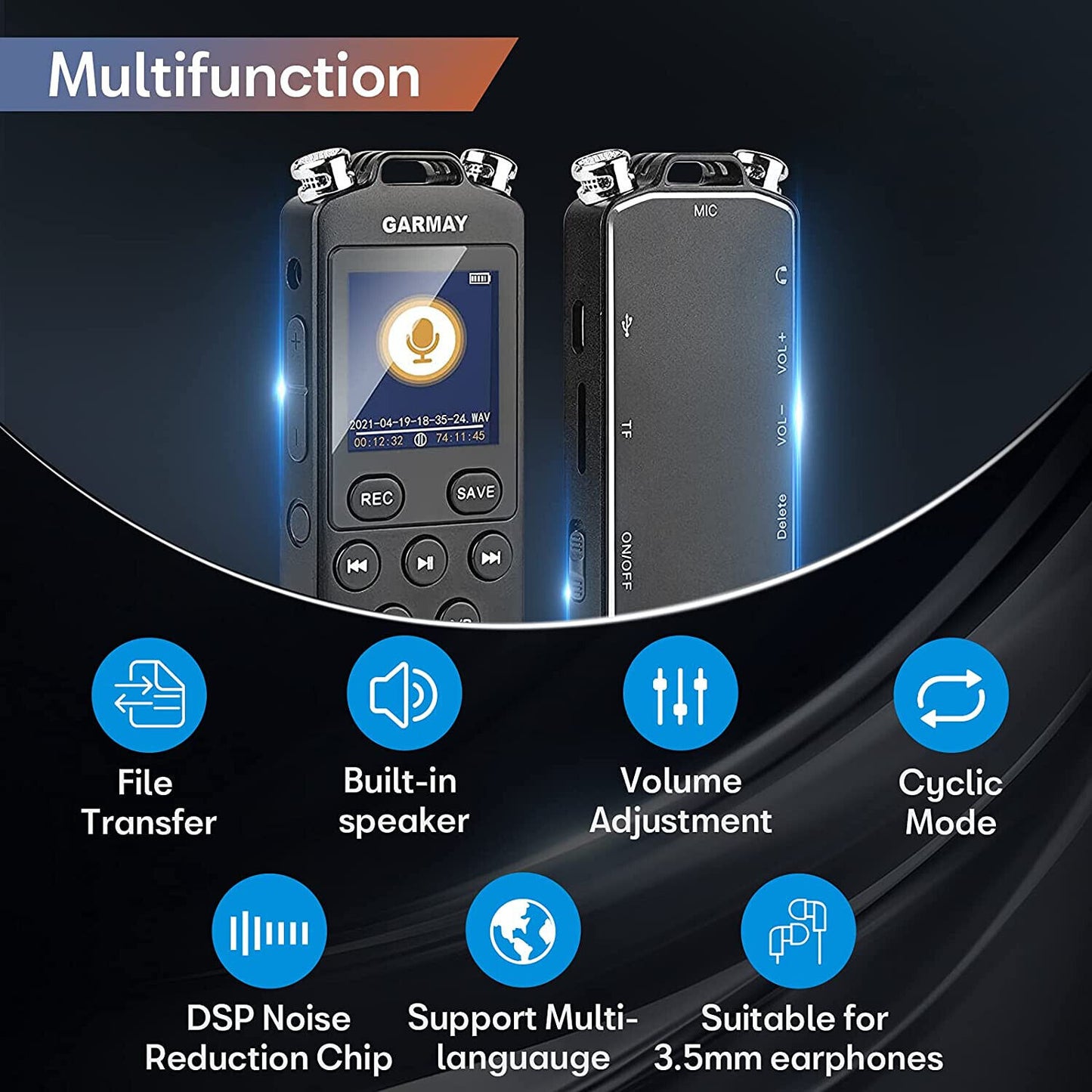 GARMAY Digital Voice Recorder Upgraded 48GB 1536BPS 3343Hours Recording Capacity