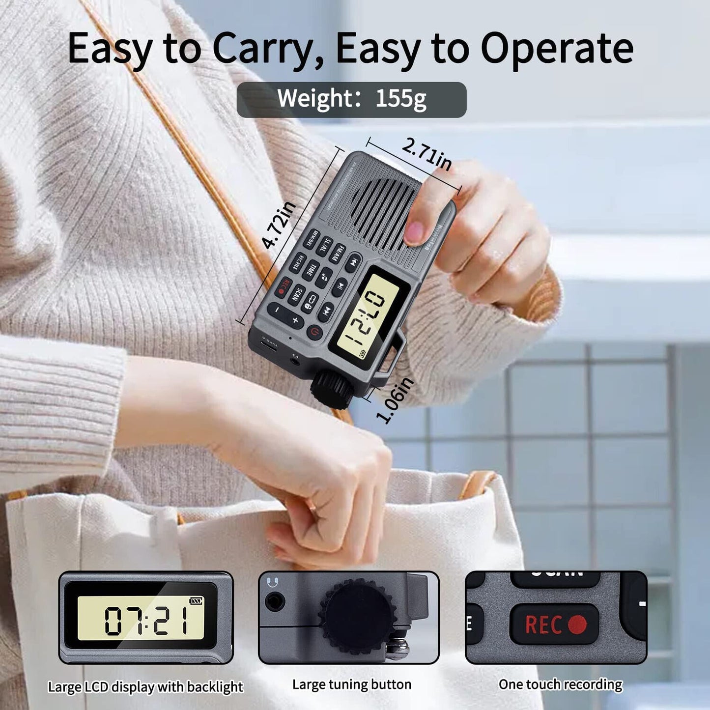 Portable AM/FM Radio, Small Pocket Radio with Bluetooth, Bass Speaker, Micro SD