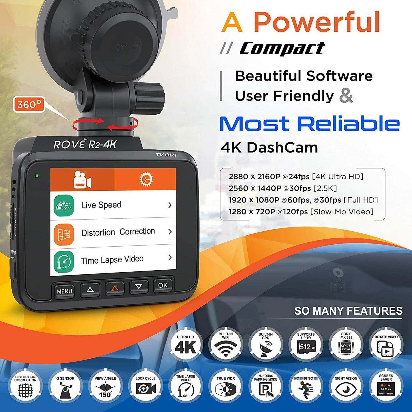 Rove R2-4K Dash Cam Built in WiFi GPS Car Dashboard Camera Recorder with UHD2160