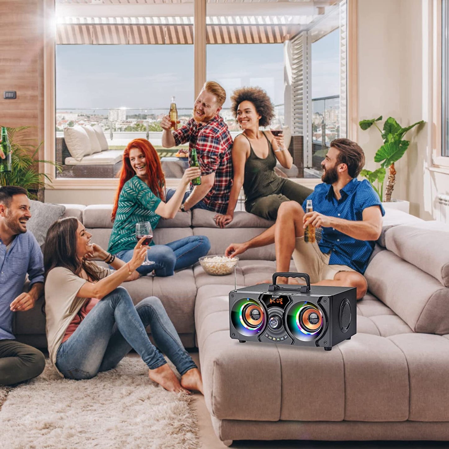 Portable Bluetooth Speakers with Double Subwoofer, 60W Loud Stereo EQ FM Remote
