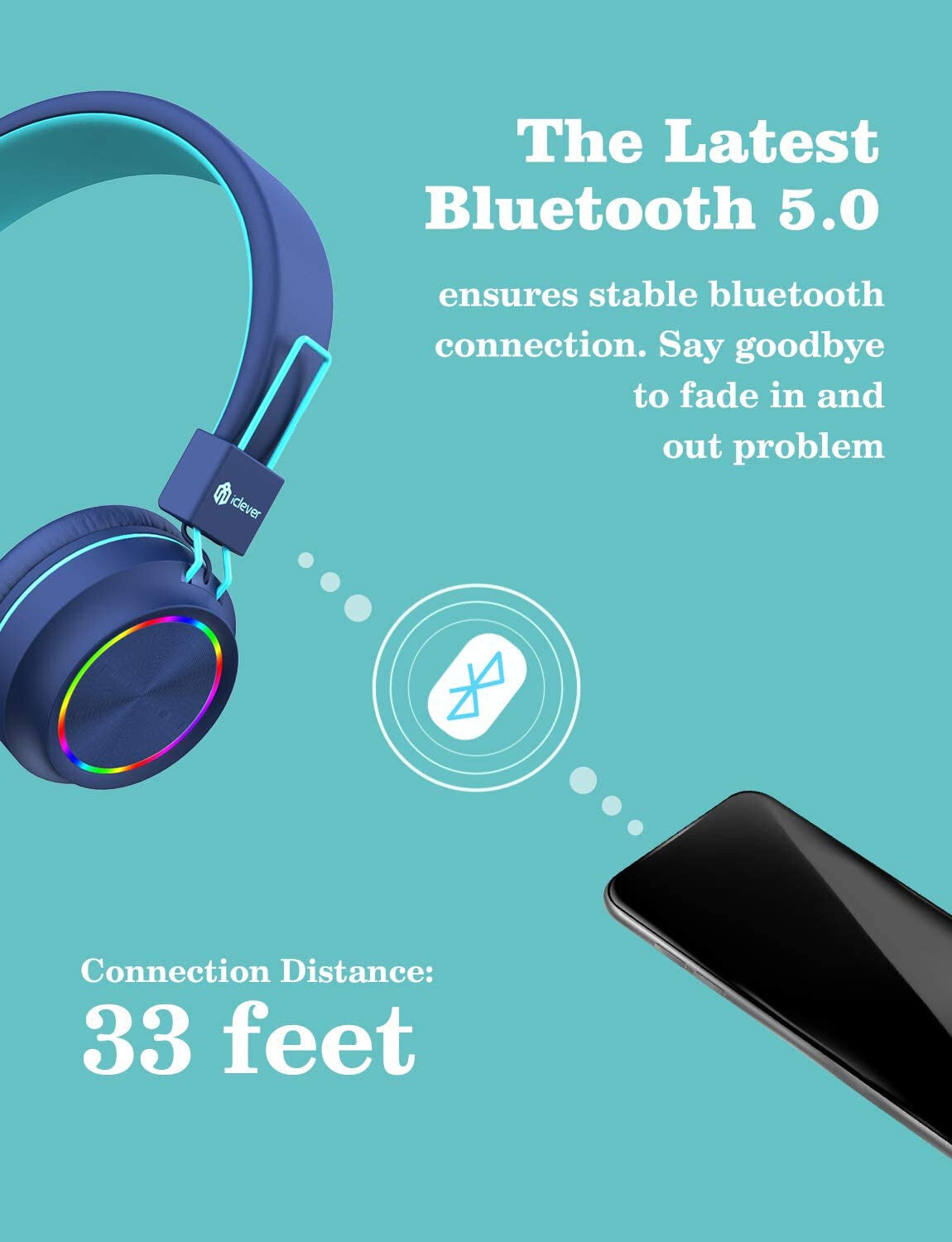 BLUE BTH03 Kids Bluetooth Headphones Safe Volume, Colorful LED Lights, 25 Hour