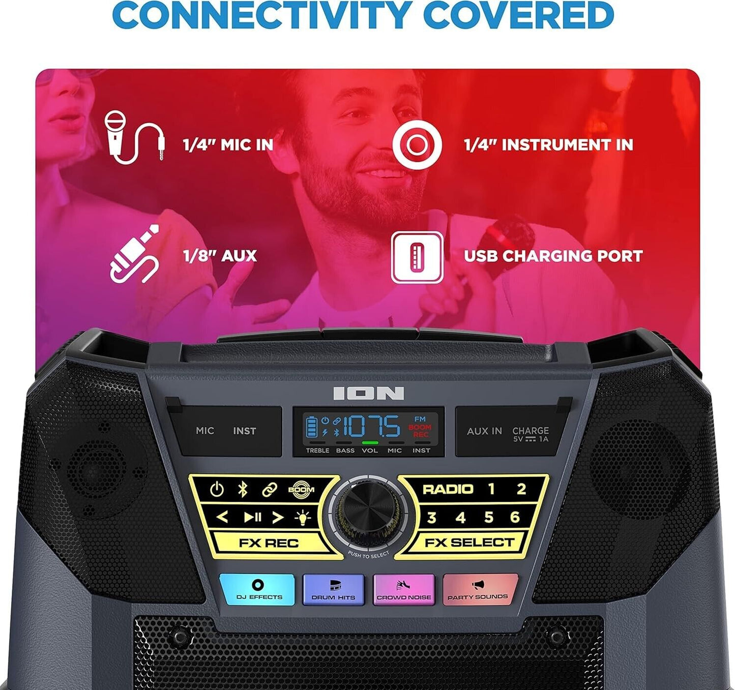 ION Block Rocker XL - Portable Bluetooth Outdoor Party Karaoke Speaker 220 Watts