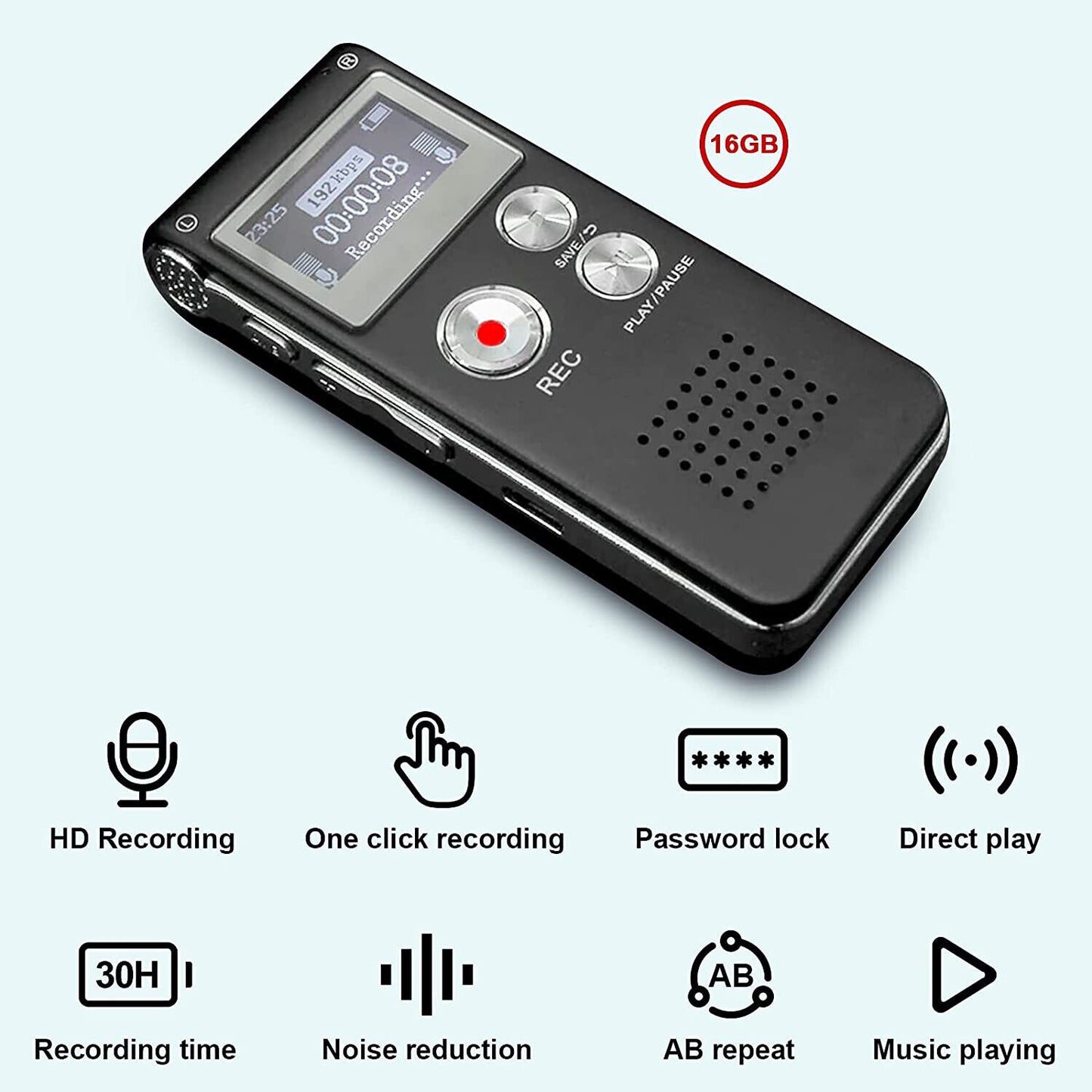16GB Digital Voice Activated Recorder - Voice Recorder with Playback - Portable