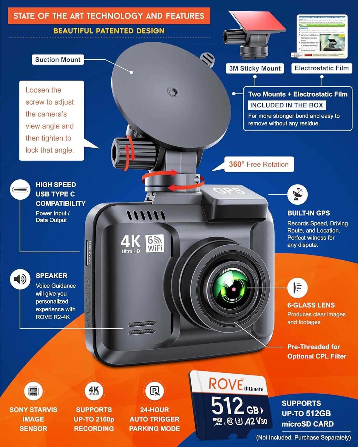 ROVE R2-4K Dash Cam Built-in WiFi 6 GPS Car Dashboard Camera Recorder