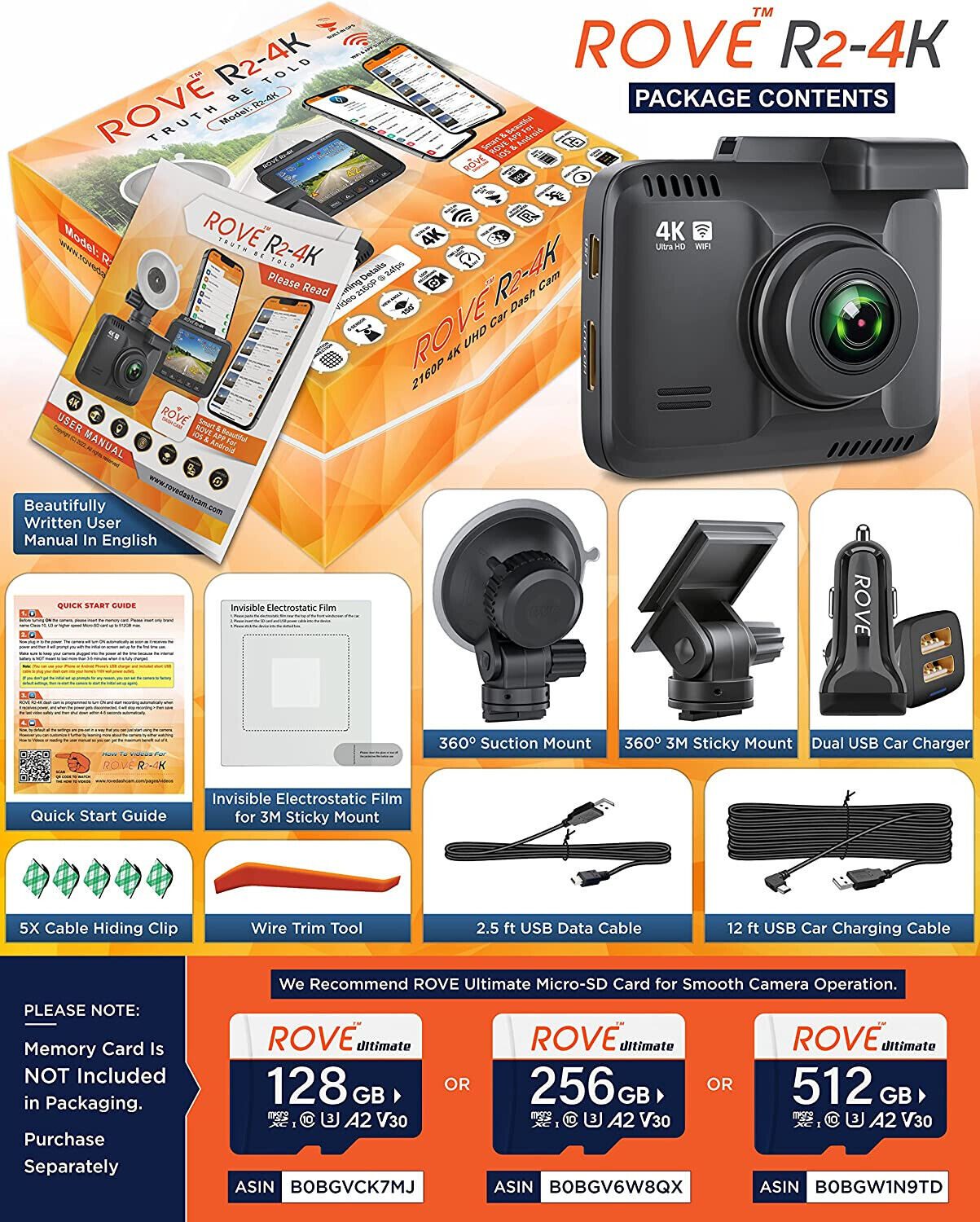 Rove R2-4K Dash Cam Built in WiFi GPS Car Dashboard Camera Recorder with UHD2160