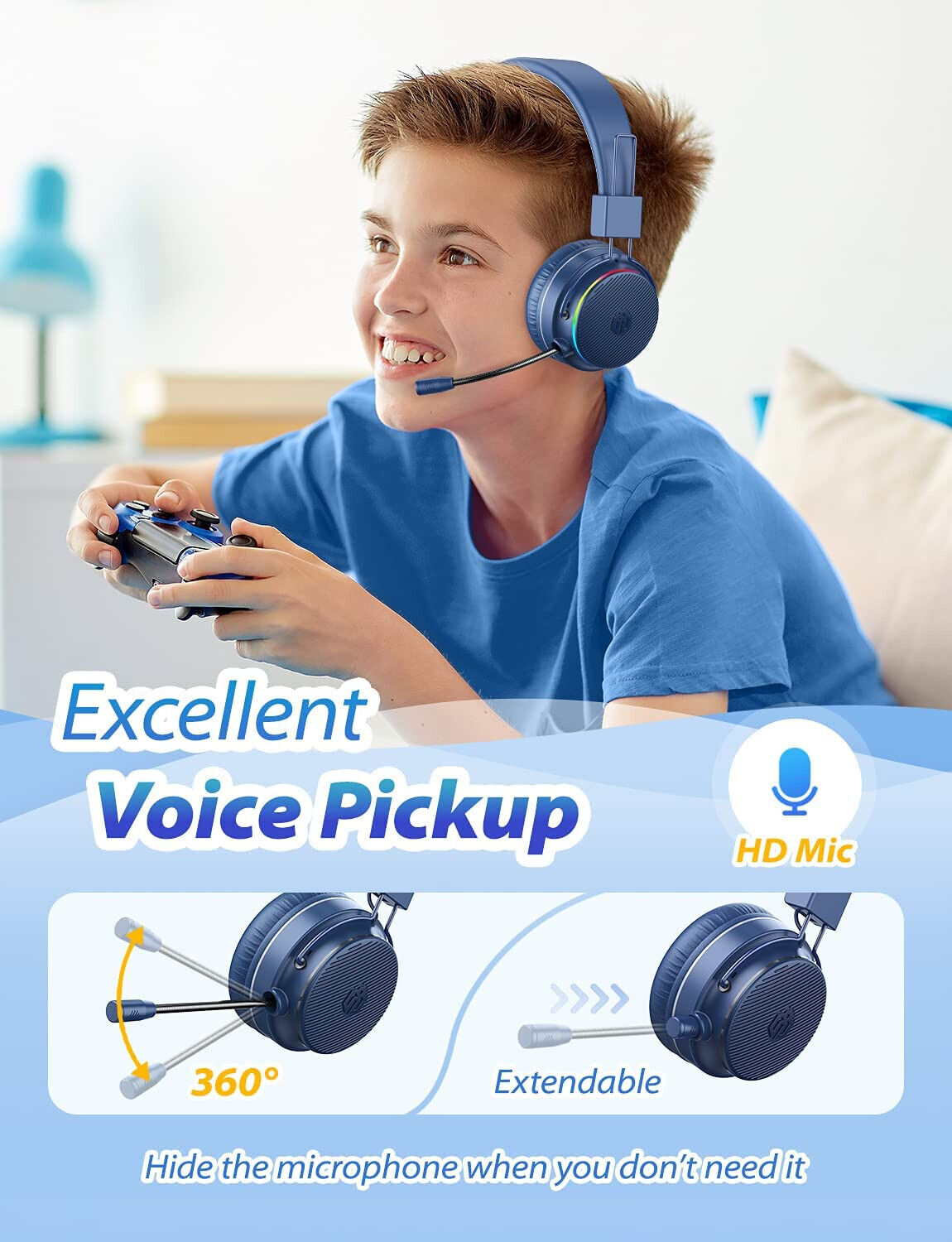NAVY BLUE BTH03 Kids Bluetooth Headphones Safe Volume, Colorful LED LIGHTS