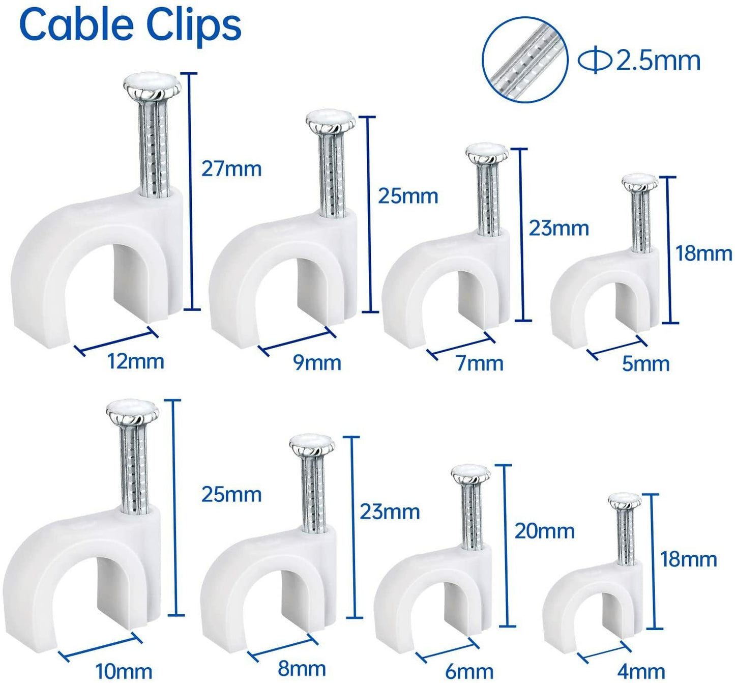 Round White Cable Clips with Steel Nails 6mm/ 0.236inch/ 100PCS For CAT6, CAT7.
