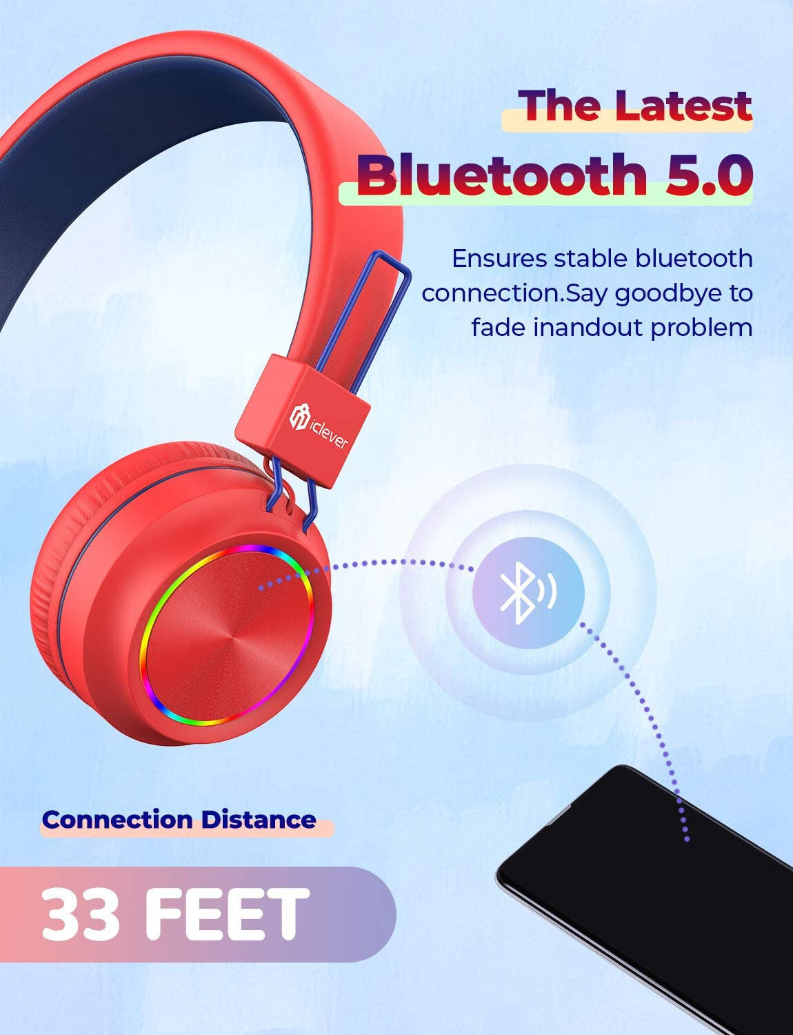 RED BTH03 Kids Bluetooth Headphones Safe Volume, Colorful LED Lights, 25Hour