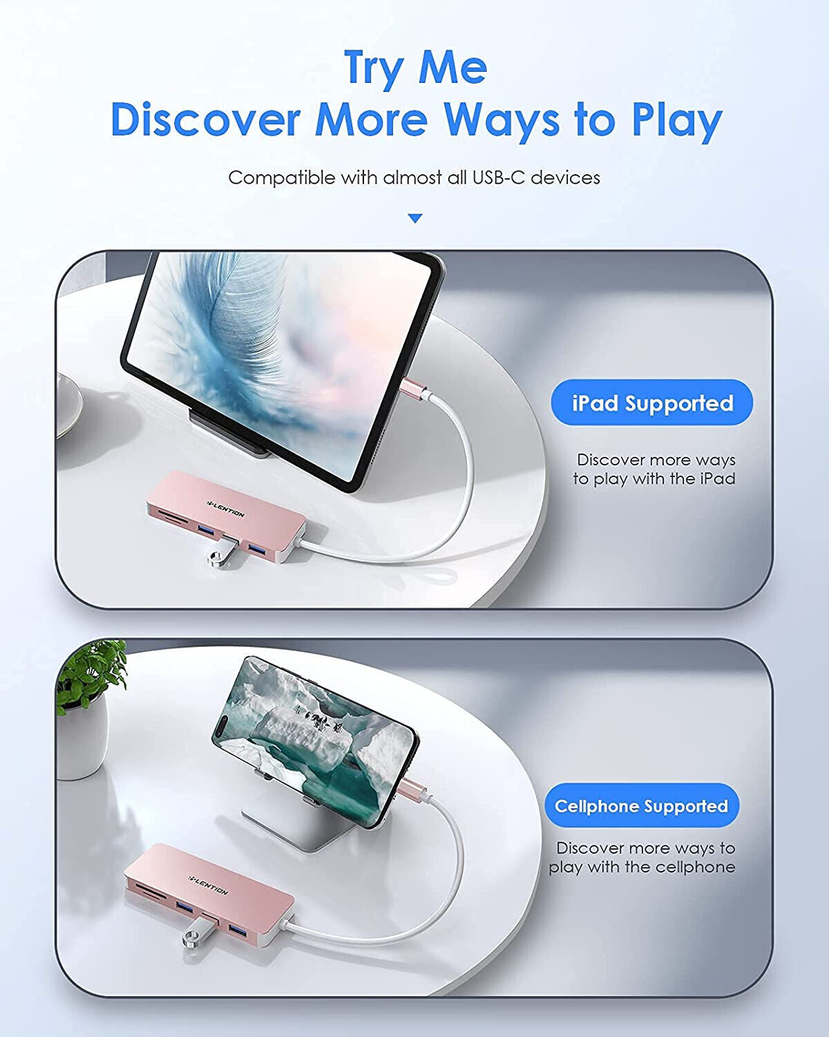USB C-spil met 3 USB 3.0- & SD/Mikro-SD-kaartleser vir Mac Air/iPad Pro/Surface
