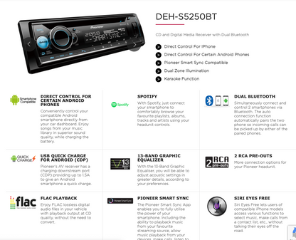 Pioneer DEH-S5250BT Kortgolf Bluetooth FM AM SW RDS USB IPod Motor Stereo Radio