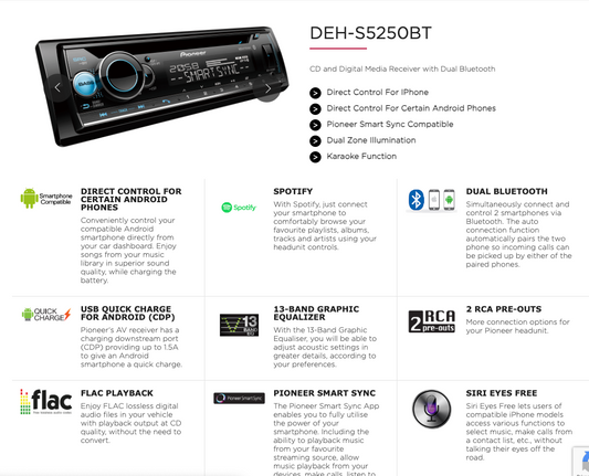 Pioneer DEH-S5250BT Shortwave Bluetooth FM AM SW RDS USB IPod Car Stereo Radio