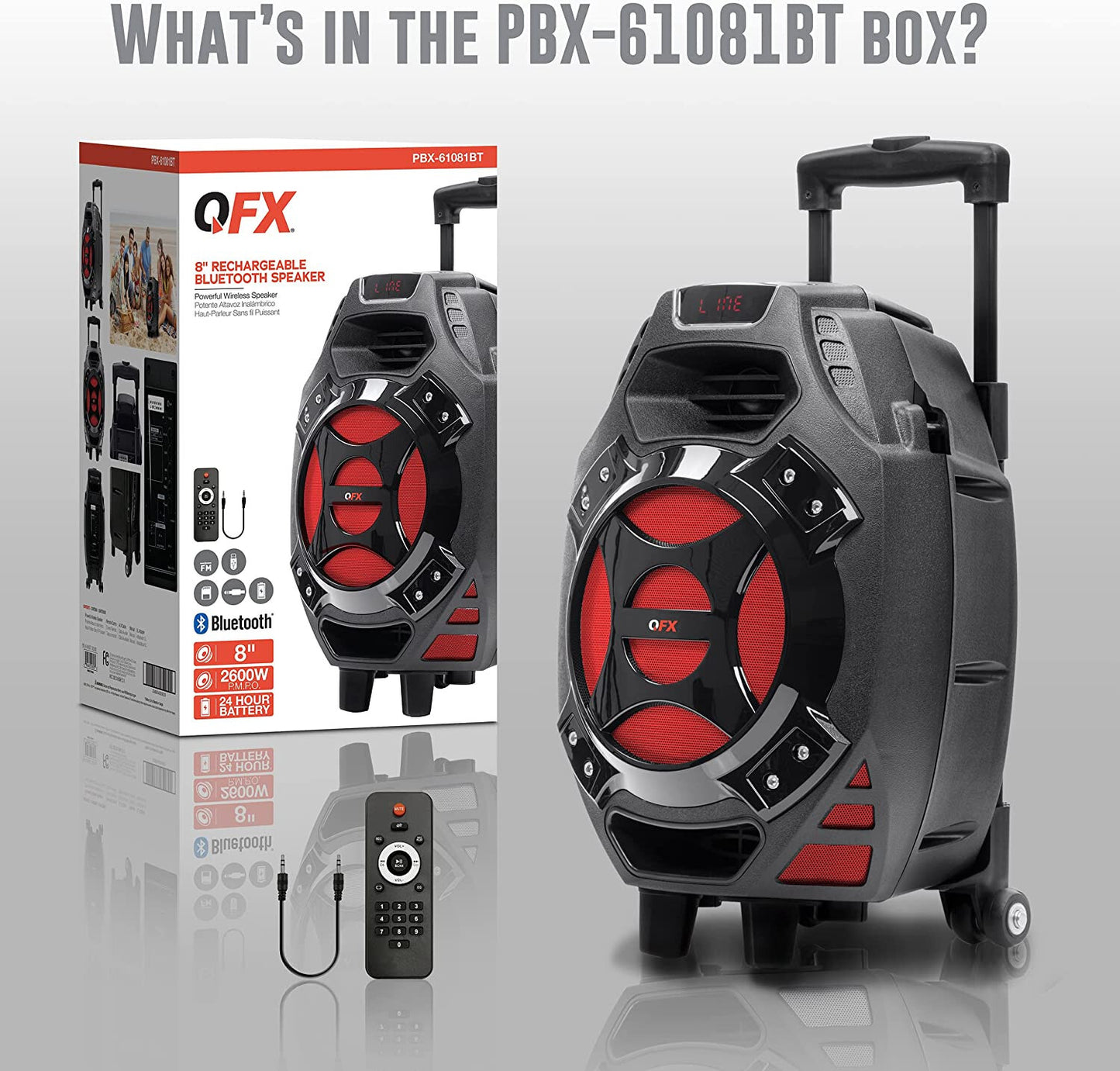 Rechargeable Portable Speaker | 8" Woofer | 2,600 Watts | Bluetooth, AUX - BLUE