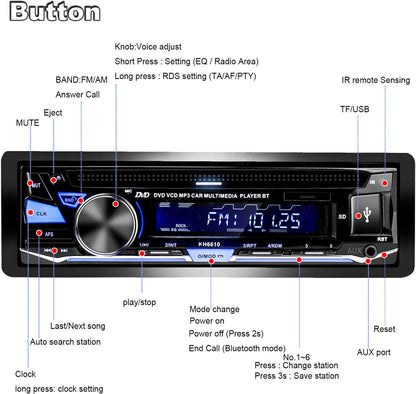Enkel-Din Kar-Oudio CD/DVD Speler Bluetooth FM/AM/RDS Radio USB SD AUX Ontvanger