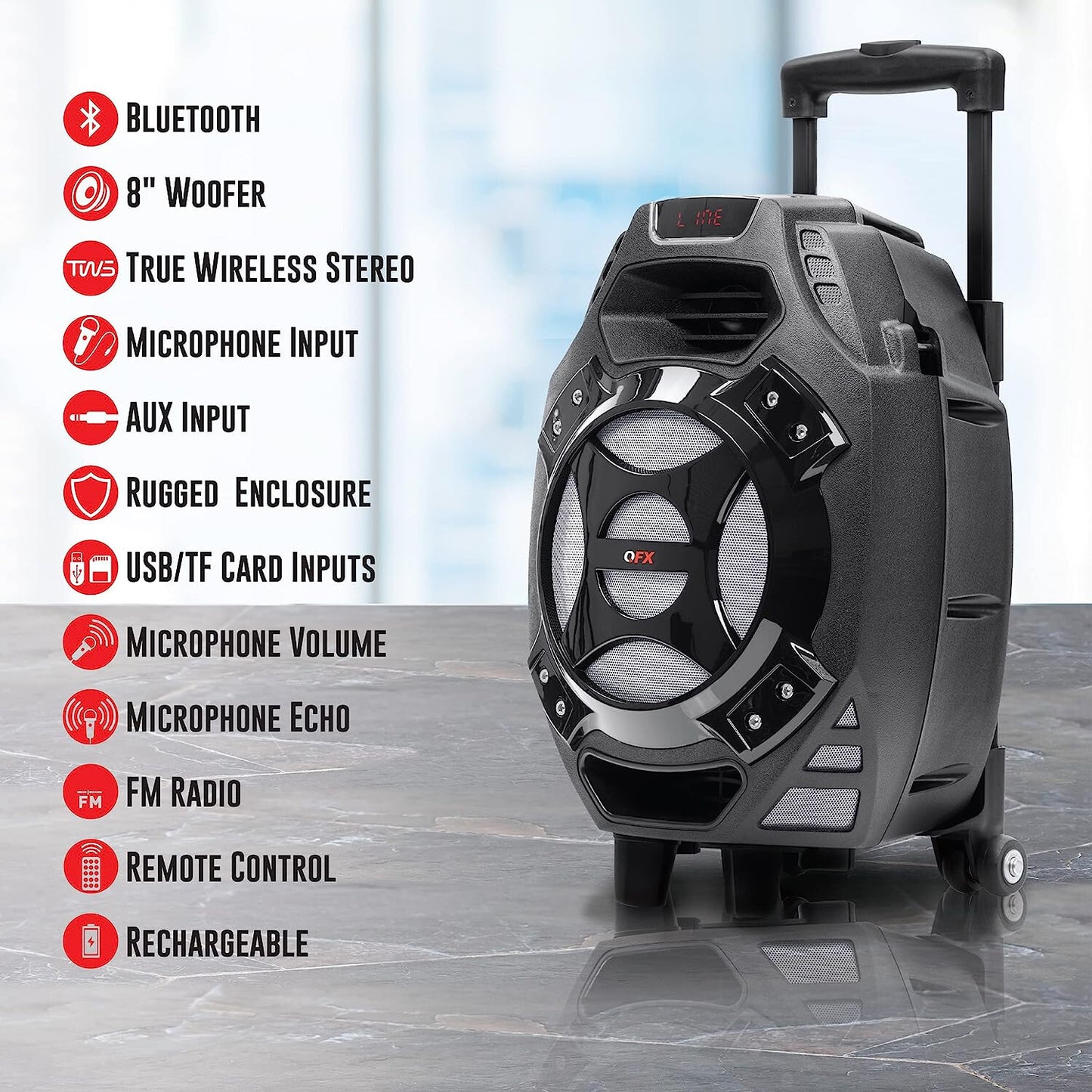 Rechargeable Portable Speaker | 8" Woofer | 2,600 Watts | Bluetooth, AUX -SILVER
