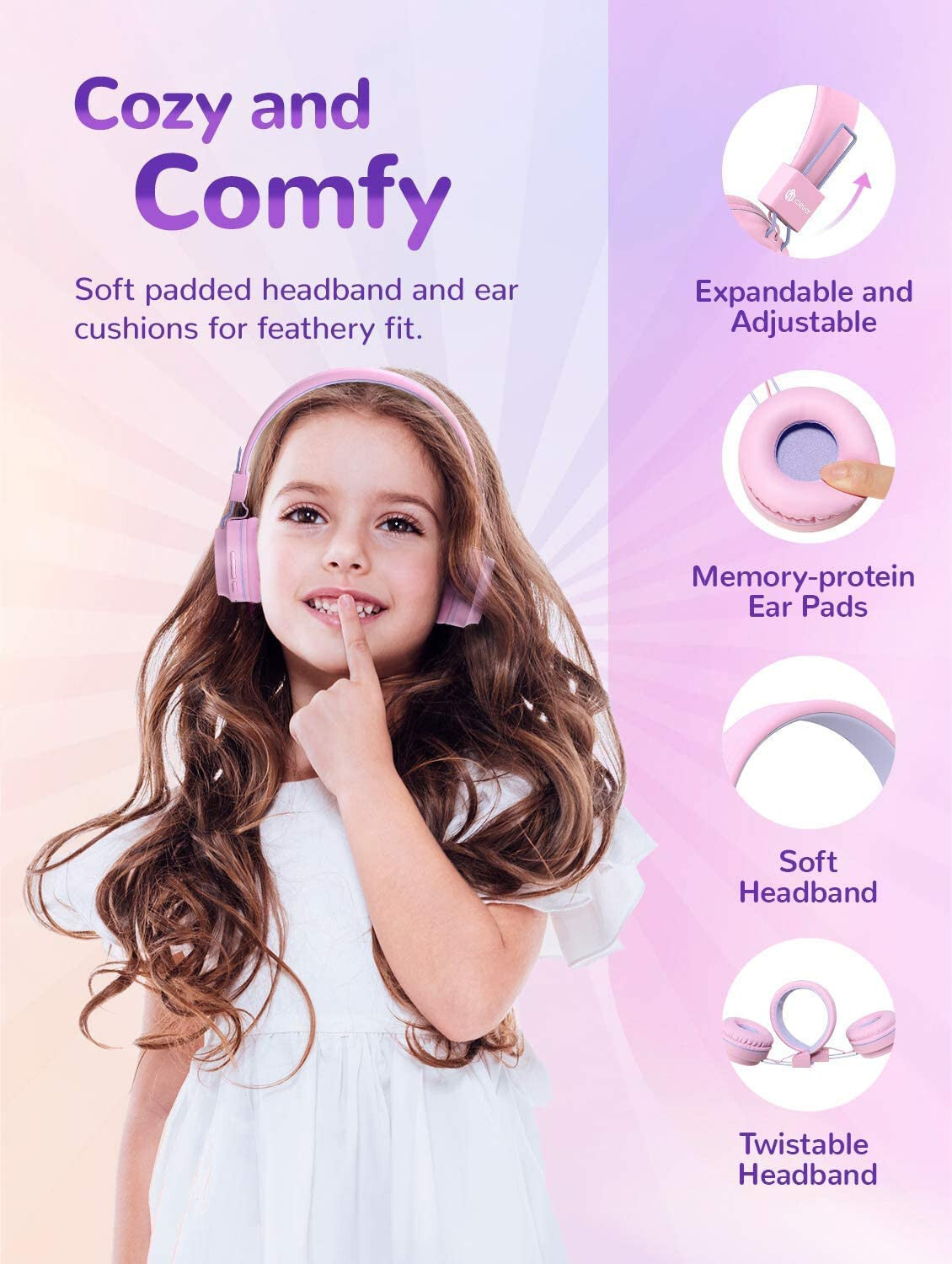 PINK BTH03 Kids Bluetooth Headphones Safe Volume, Colorful LED Lights, 25Hour
