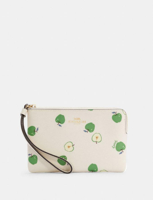 COACH CORNER ZIP WOMEN CUTE WRISTLET WALLET WITH GREEN APPLE FRUIT PRINT