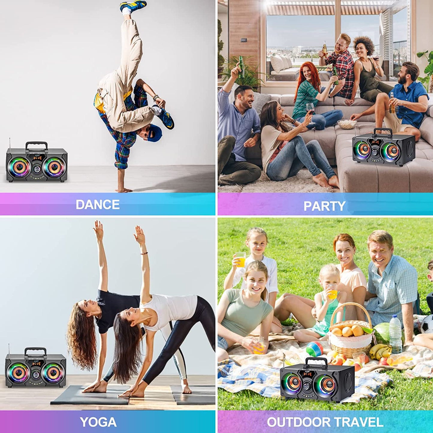 Portable Bluetooth Speakers with Double Subwoofer, 60W Loud Stereo EQ FM Remote