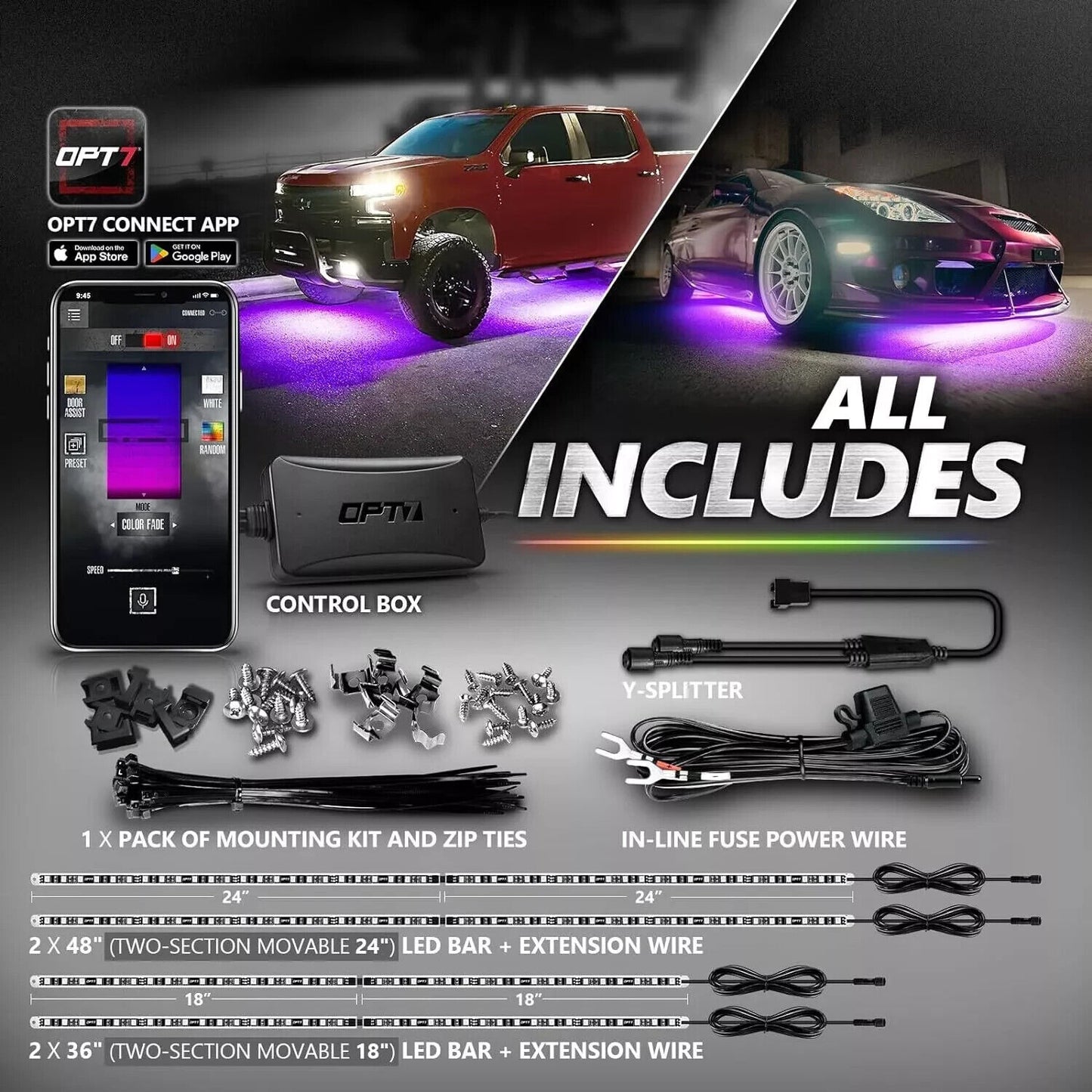 BRAND NEW LED Underglow Bluetooth Enabled Lighting Kit  OPT7 AURA PRO All-Color
