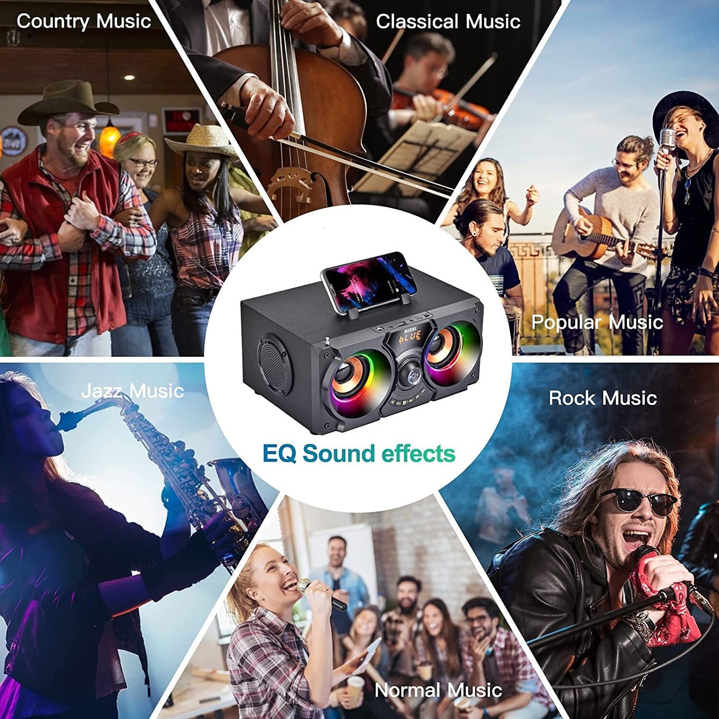Portable Bluetooth Speakers with Double Subwoofer, 60W Loud Stereo EQ FM Remote