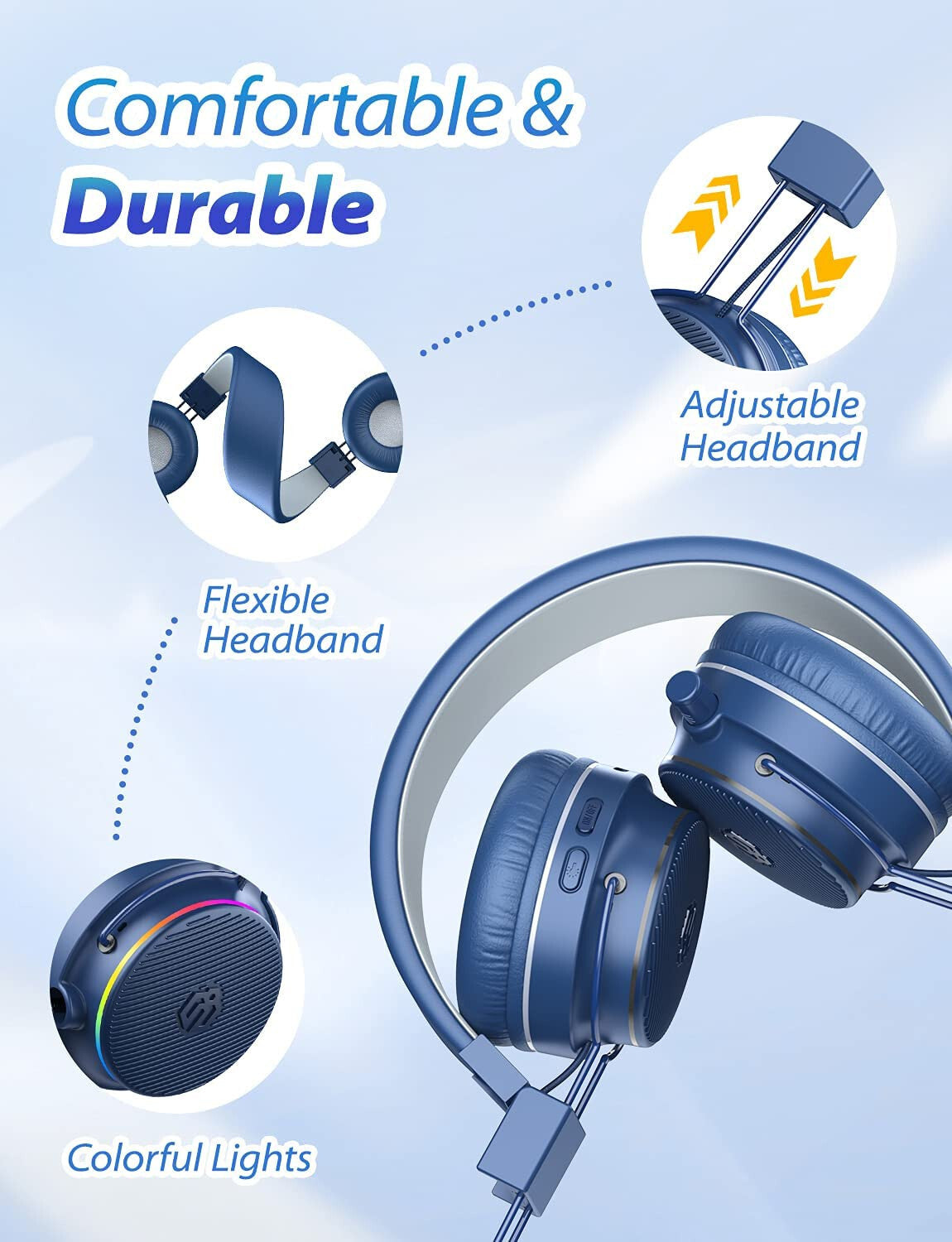 NAVY BLUE BTH03 Kids Bluetooth Headphones Safe Volume, Colorful LED LIGHTS