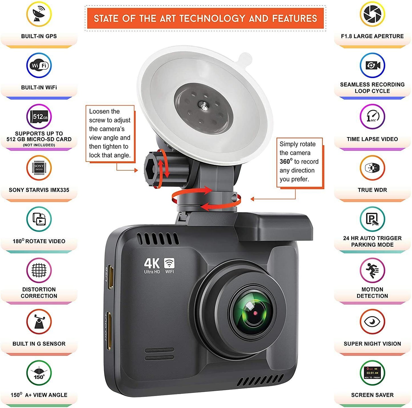 Rove R24K Dash Cam Built in WiFi GPS Car Dashboard Camera Recorder W/ UHD2160