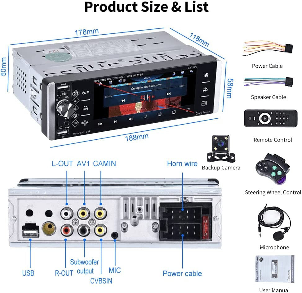 Car Radio Single Din with Apple Carplay Android Auto, 5.1 Inch IPS Touch Screen