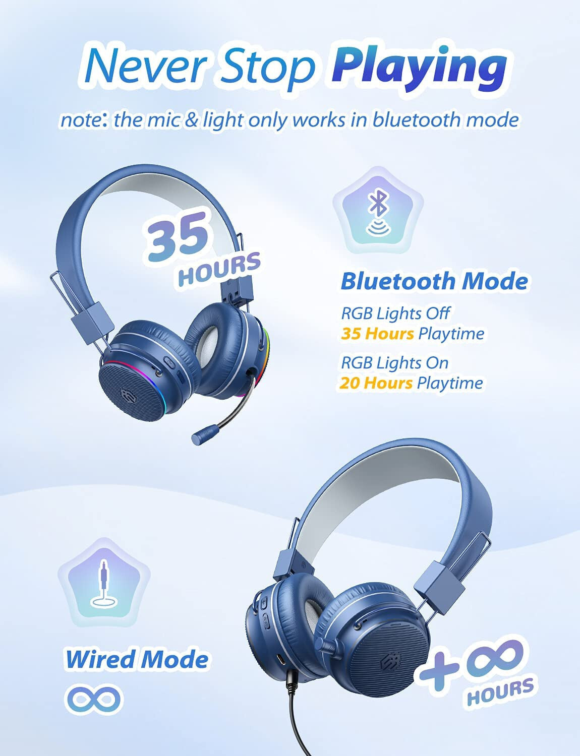 NAVY BLUE BTH03 Kids Bluetooth Headphones Safe Volume, Colorful LED LIGHTS