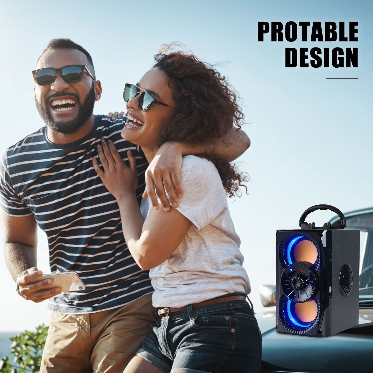 Bluetooth Speaker, Portable Wireless Speakers with Lights  2 Subwoofer FM I NEW