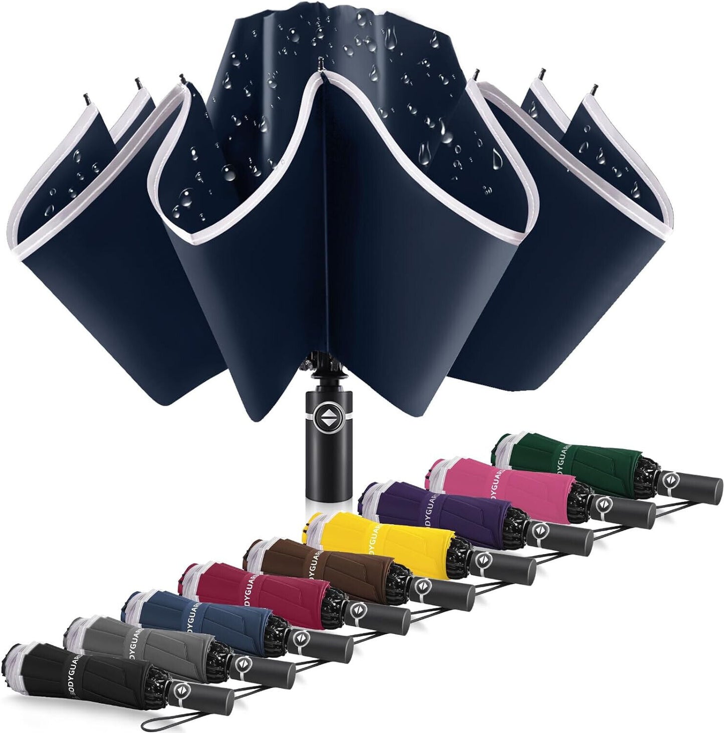 Inverted Compact Umbrella Large Windproof Umbrellas Reflective Stripe BLUE
