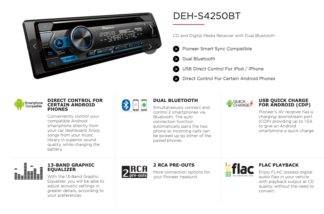 Pioneer DEH-S4250BT CD & Digital Media Receiver with Dual Bluetooth – NEW