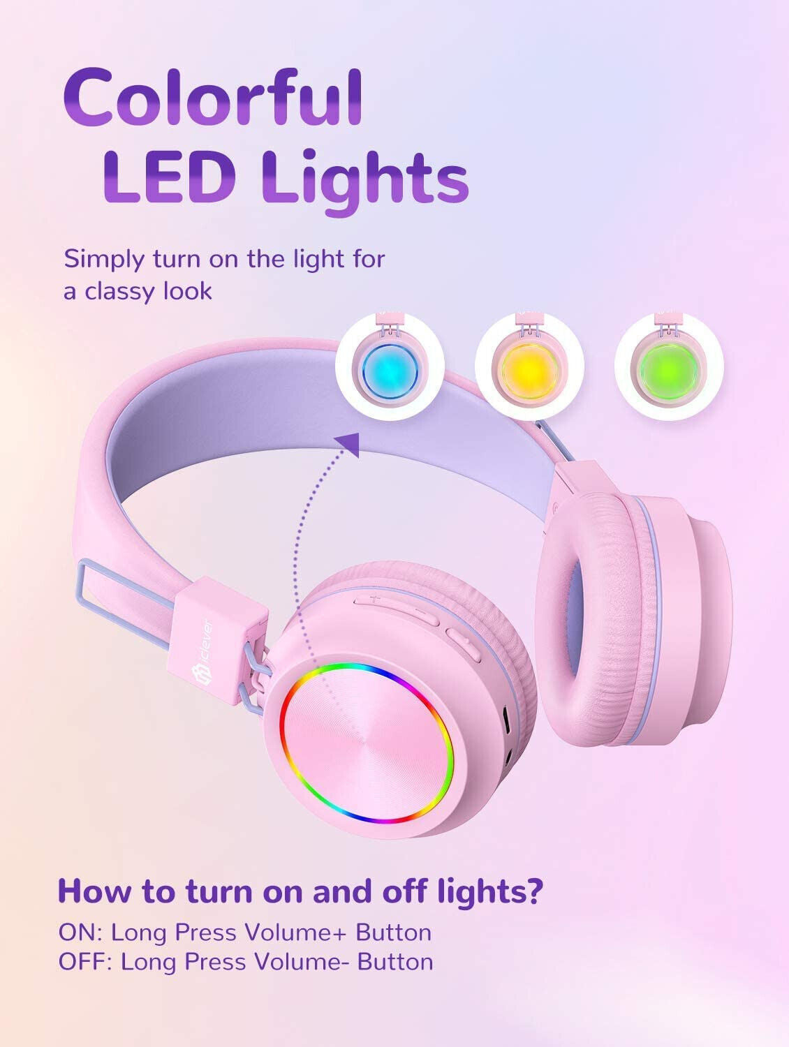 PINK BTH03 Kids Bluetooth Headphones Safe Volume, Colorful LED Lights, 25Hour