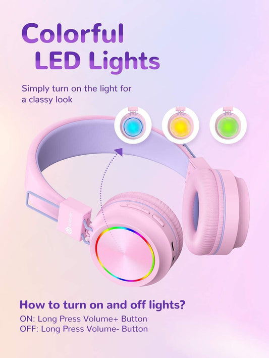 PINK BTH03 Kids Bluetooth Headphones Safe Volume, Colorful LED Lights, 25Hour