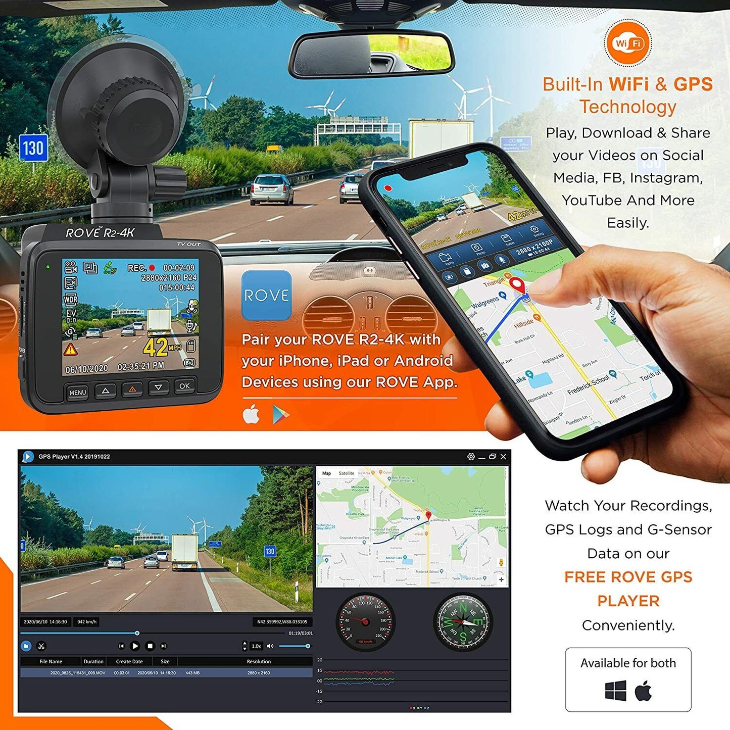 Rove R2-4K Dash Cam Built in WiFi GPS Car Dashboard Camera Recorder with UHD2160