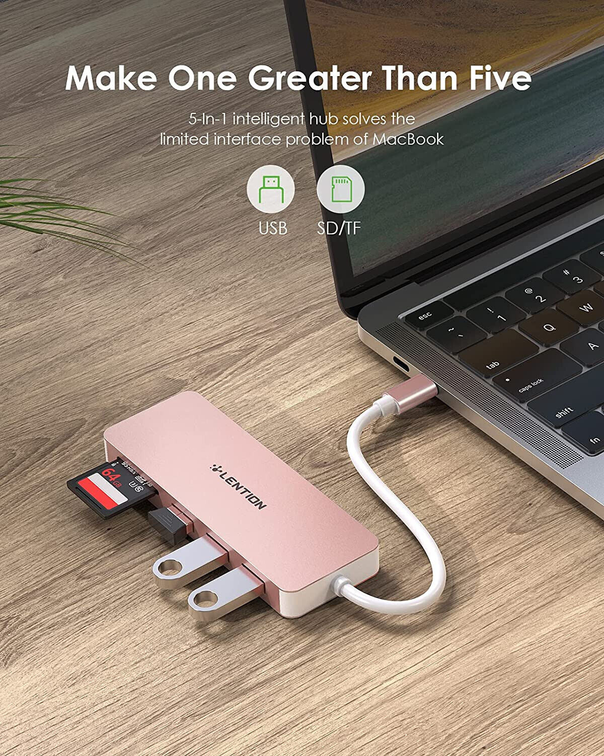 USB C-spil met 3 USB 3.0- & SD/Mikro-SD-kaartleser vir Mac Air/iPad Pro/Surface