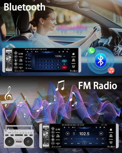 Motorradio Enkel Din met Apple CarPlay Android Auto, 5.1 Duim IPS Raakskerm