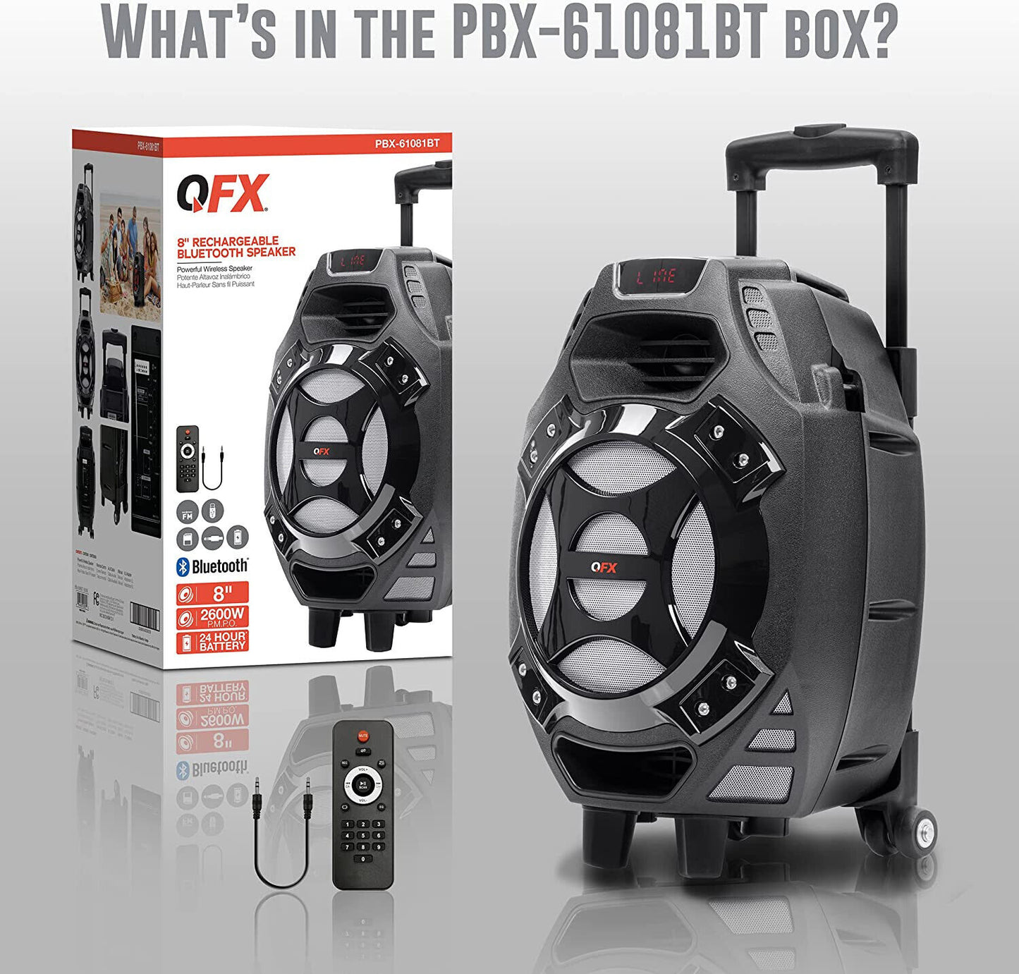 Rechargeable Portable Speaker | 8" Woofer | 2,600 Watts | Bluetooth, AUX -SILVER