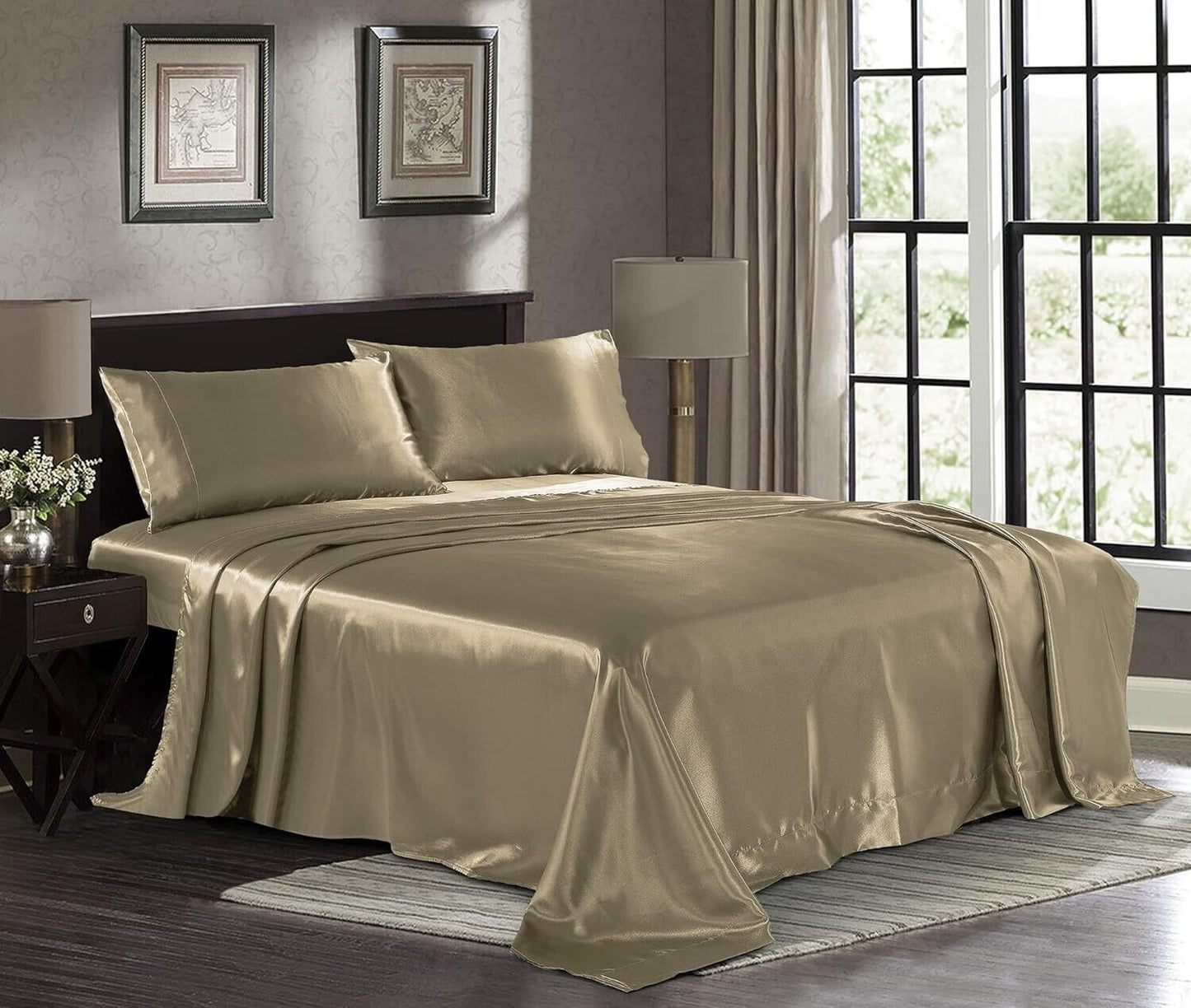 Luukse Syagtige Bed Satyn Hoeslakens Sagte 1800 Mikrovesel-CALIFORNIA KING