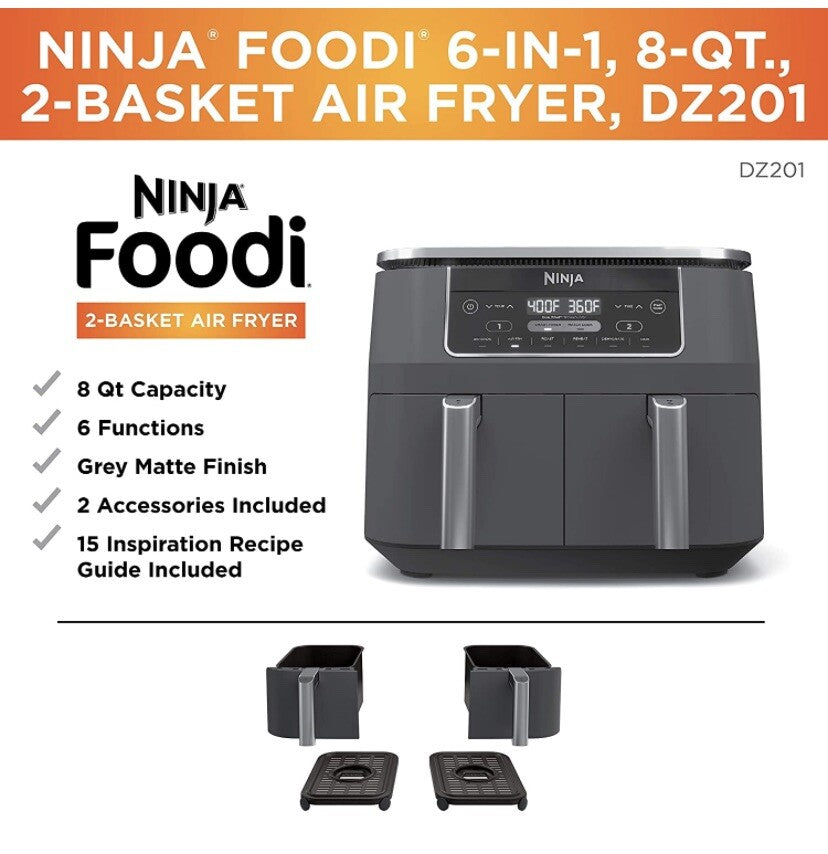 Ninja Dualzone Air Fryer Foodi 6-in-1 8 Quart, with 2 Crisper Plates, 2 Baskets