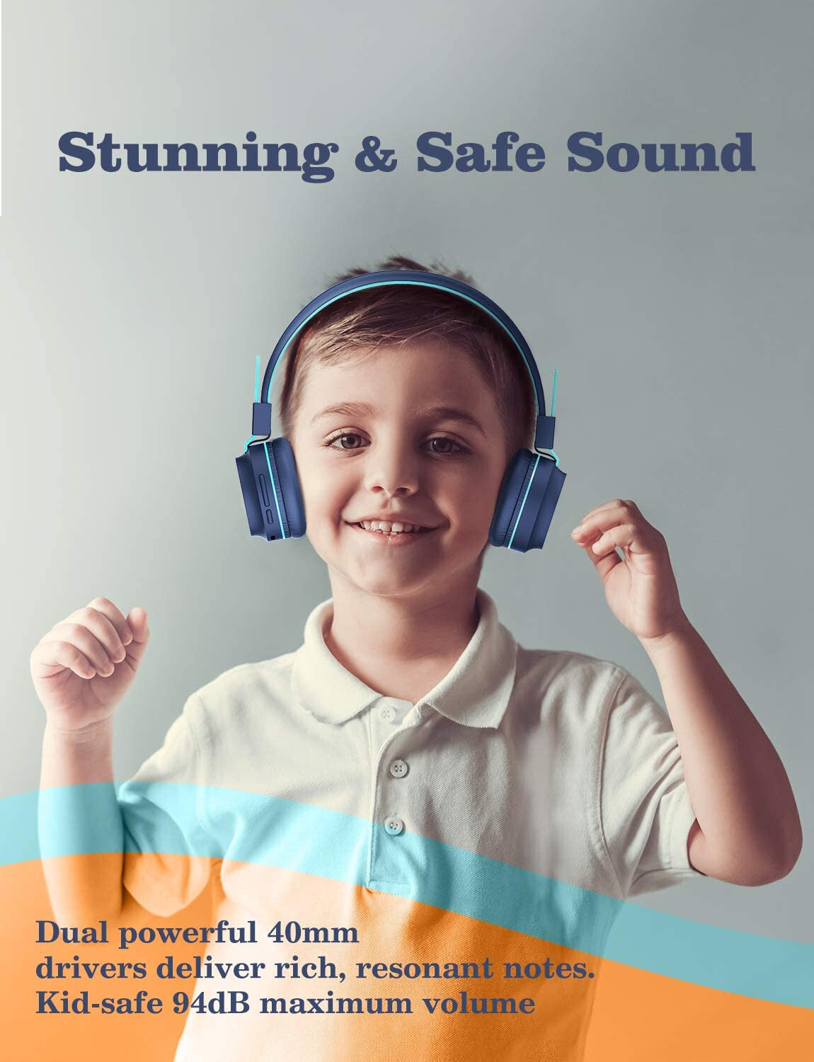BLUE BTH03 Kids Bluetooth Headphones Safe Volume, Colorful LED Lights, 25 Hour